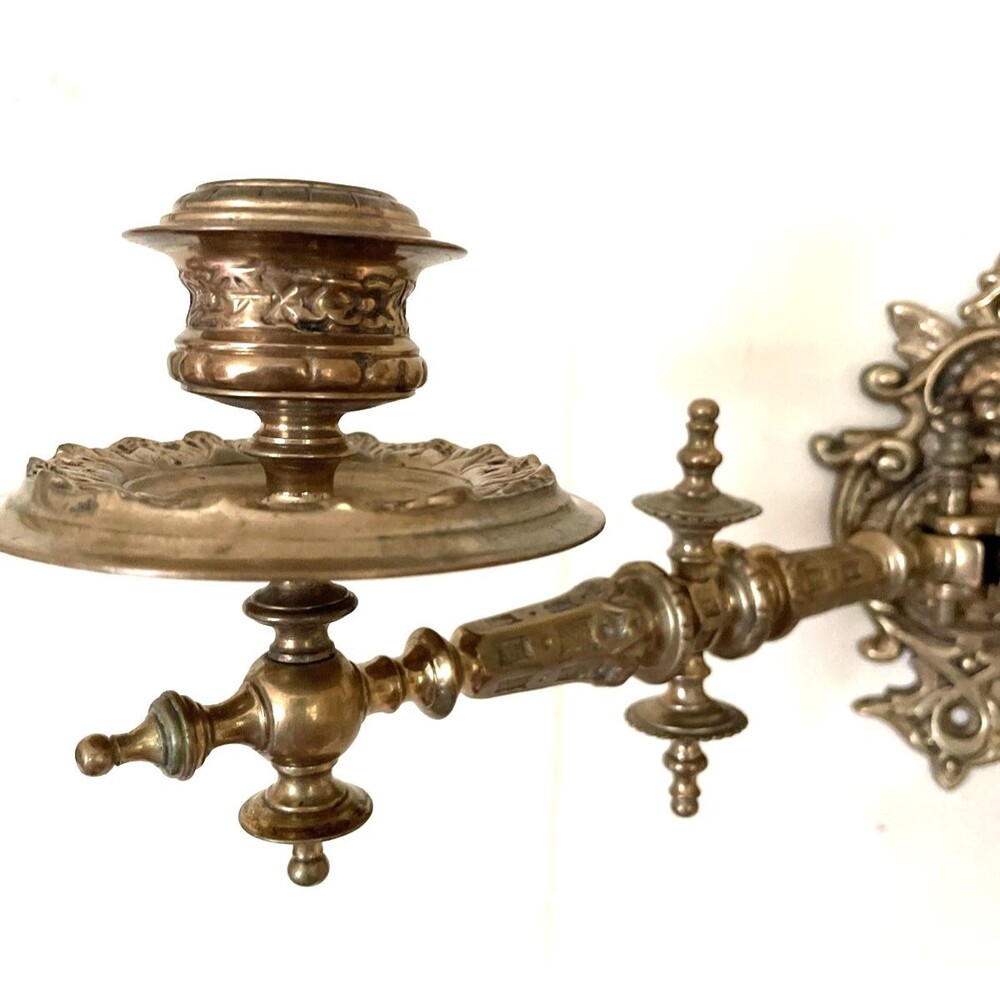 Antique Brass Candle Holder Cherub Wall Plate2 Swing Arm Victorian